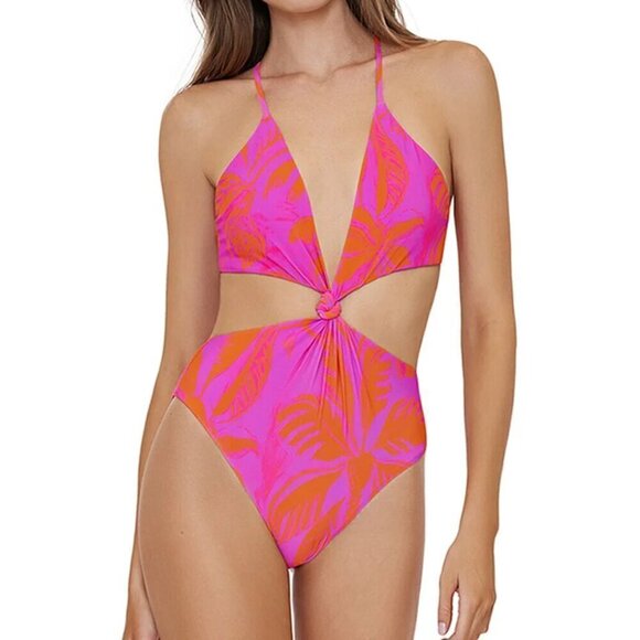 New PQ Swim Del Mar Palms Print Knot Cutout One-Piece Swimsuit NWT Large - Picture 4 of 14
